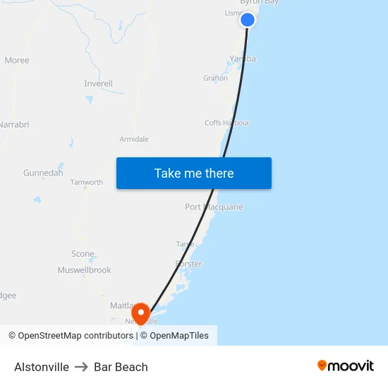 Alstonville to Bar Beach map