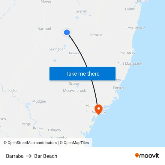 Barraba to Bar Beach map