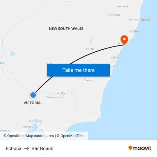 Echuca to Bar Beach map
