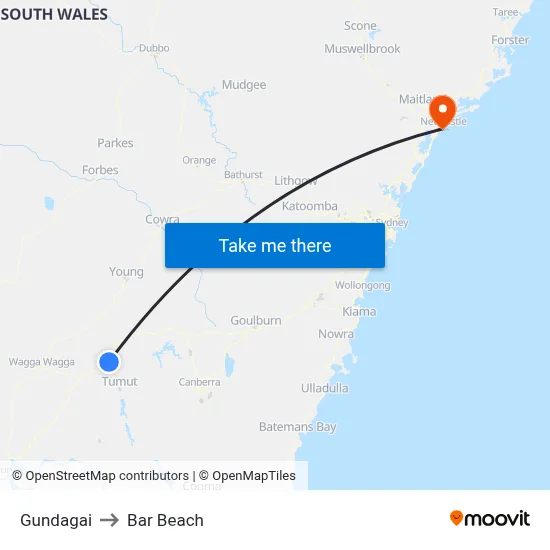 Gundagai to Bar Beach map