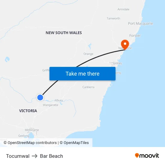 Tocumwal to Bar Beach map