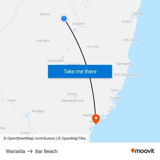 Warialda to Bar Beach map