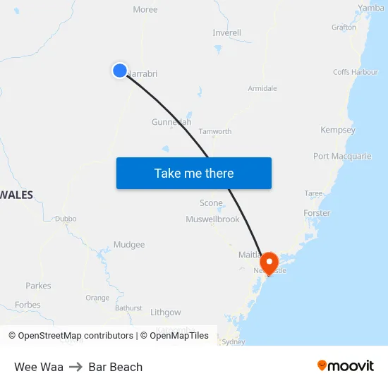 Wee Waa to Bar Beach map