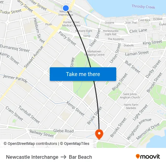 Newcastle Interchange to Bar Beach map