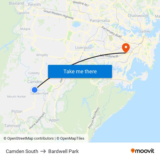 Camden South to Bardwell Park map