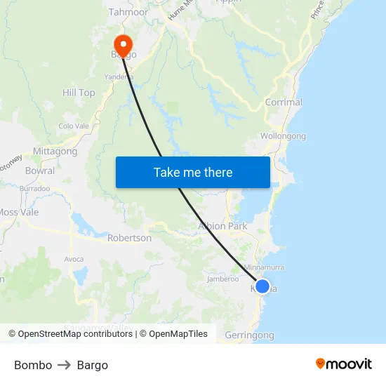 Bombo to Bargo map