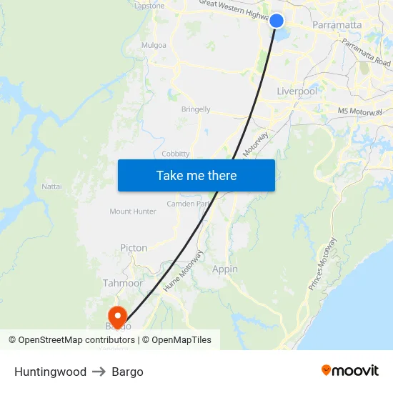 Huntingwood to Bargo map