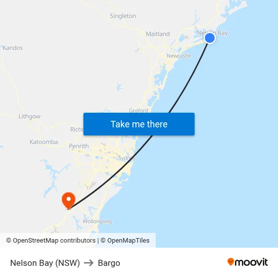 Nelson Bay (NSW) to Bargo map