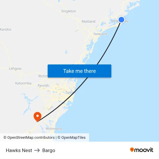 Hawks Nest to Bargo map