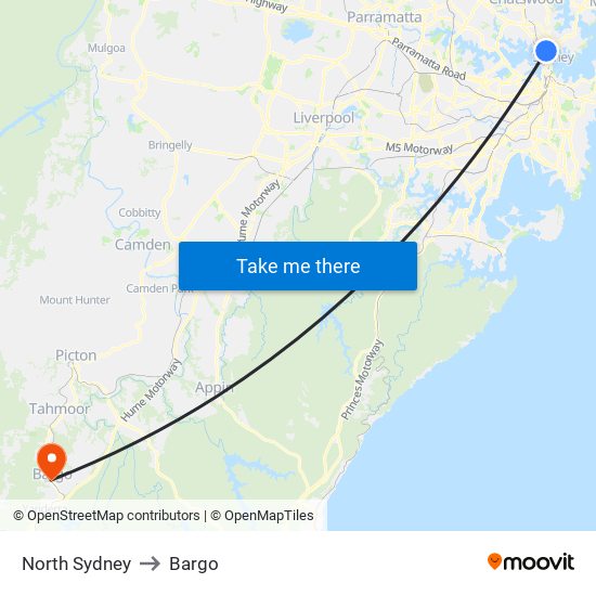 North Sydney to Bargo map
