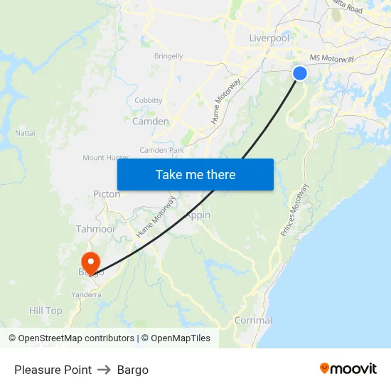 Pleasure Point to Bargo map