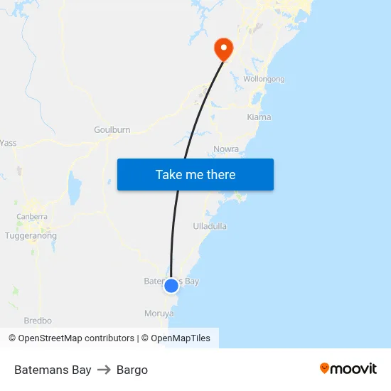 Batemans Bay to Bargo map