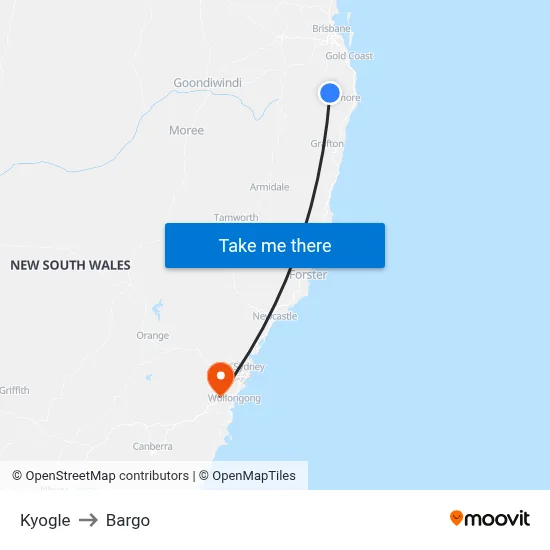 Kyogle to Bargo map