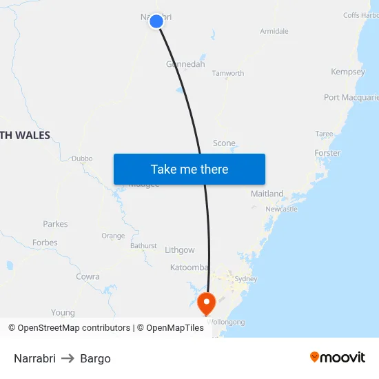 Narrabri to Bargo map