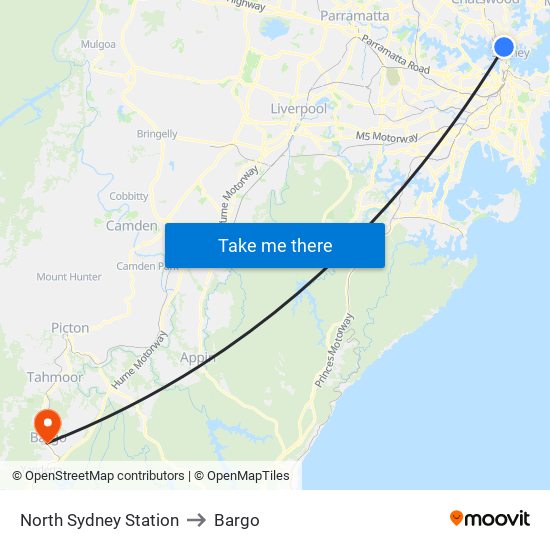 North Sydney Station to Bargo map