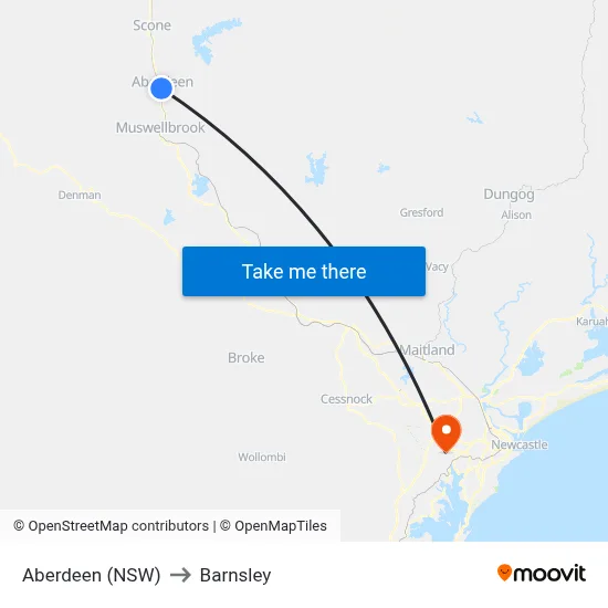 Aberdeen (NSW) to Barnsley map