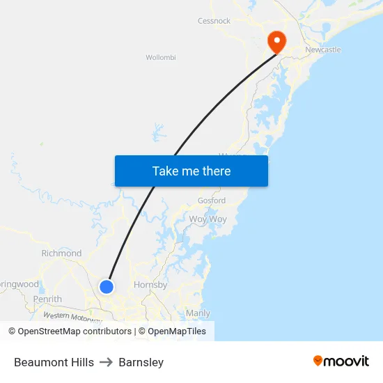 Beaumont Hills to Barnsley map