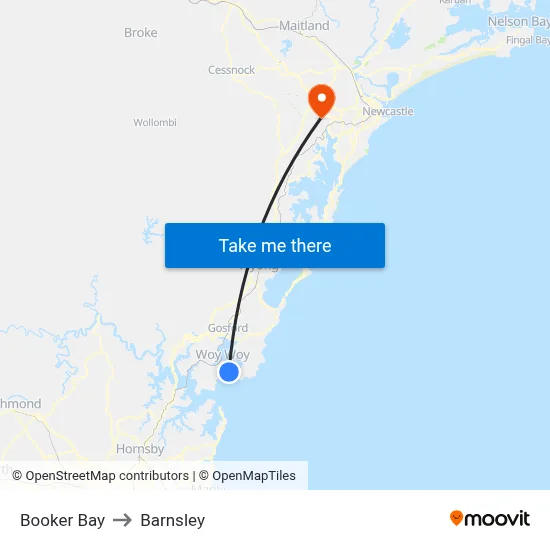 Booker Bay to Barnsley map