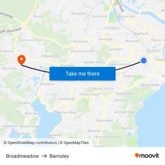 Broadmeadow to Barnsley map