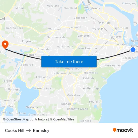 Cooks Hill to Barnsley map