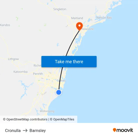 Cronulla to Barnsley map