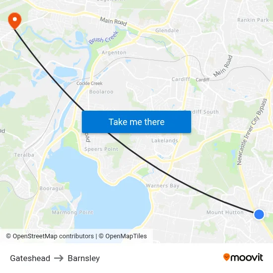Gateshead to Barnsley map