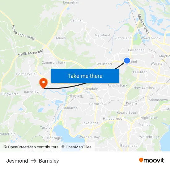Jesmond to Barnsley map