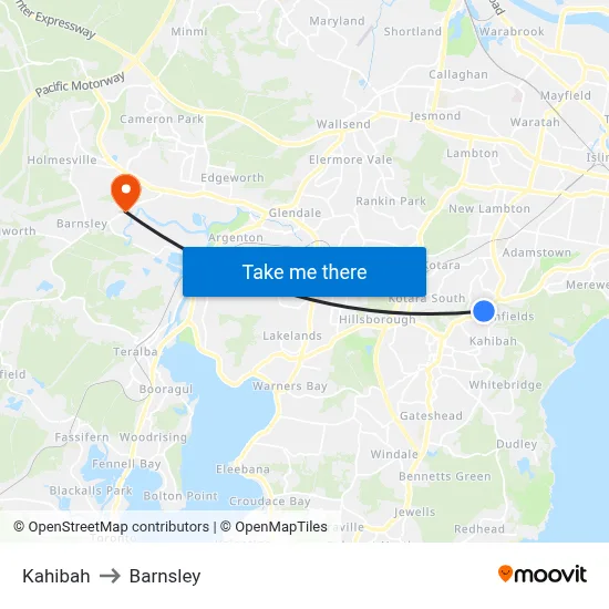Kahibah to Barnsley map