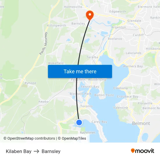 Kilaben Bay to Barnsley map