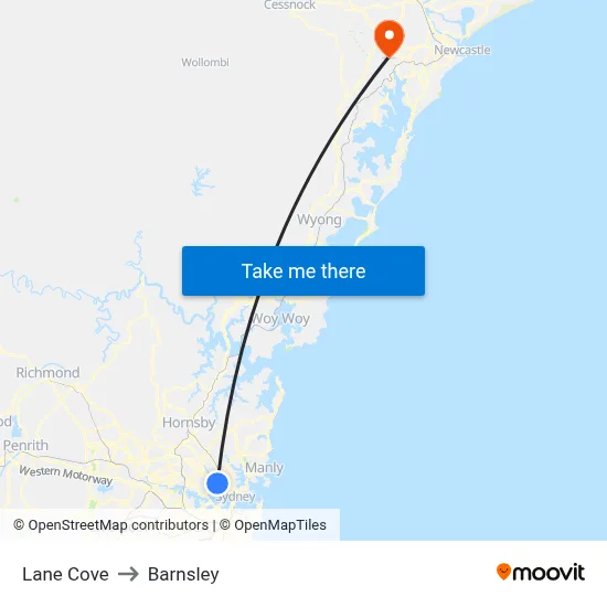 Lane Cove to Barnsley map
