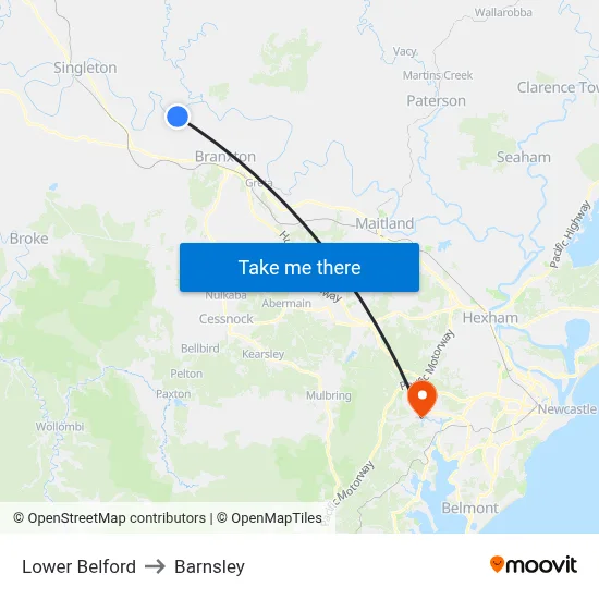 Lower Belford to Barnsley map