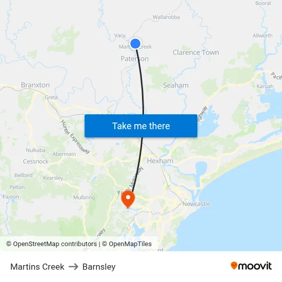 Martins Creek to Barnsley map