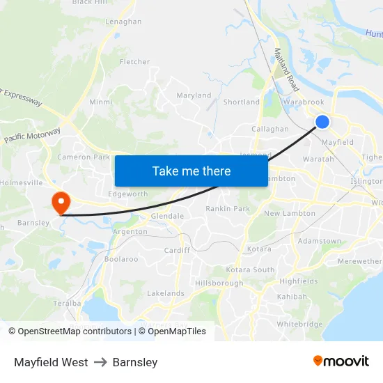 Mayfield West to Barnsley map