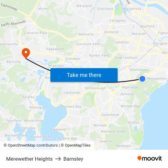 Merewether Heights to Barnsley map