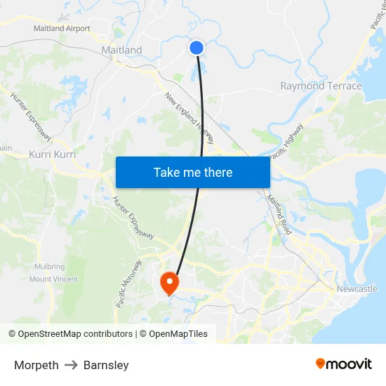 Morpeth to Barnsley map