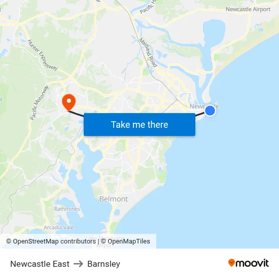 Newcastle East to Barnsley map