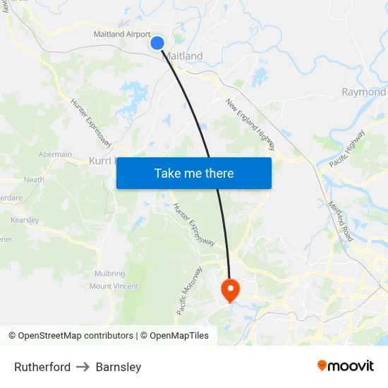Rutherford to Barnsley map