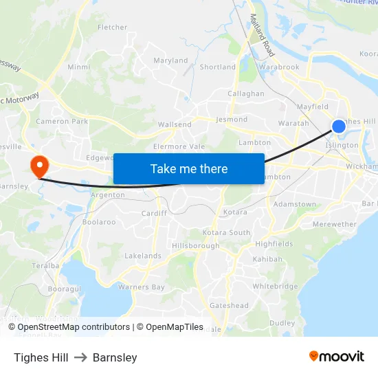 Tighes Hill to Barnsley map