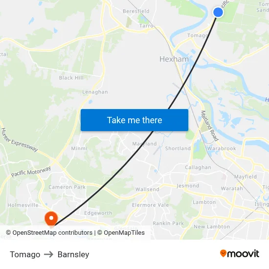 Tomago to Barnsley map
