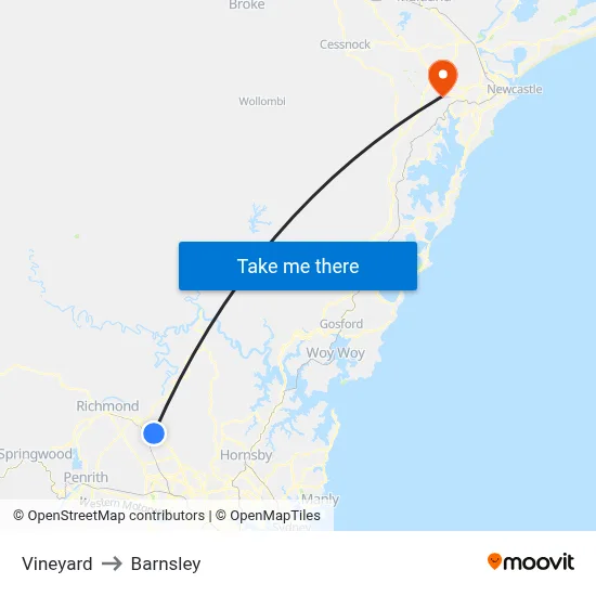 Vineyard to Barnsley map