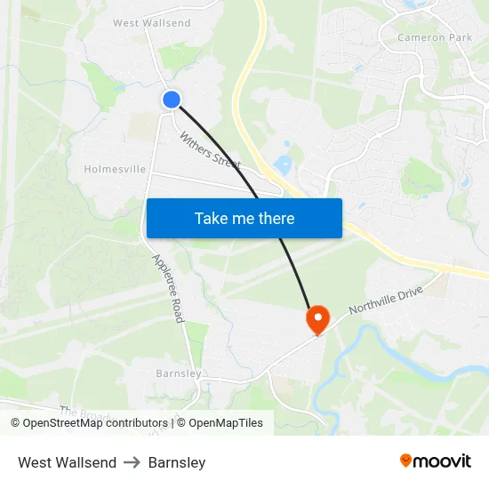 West Wallsend to Barnsley map