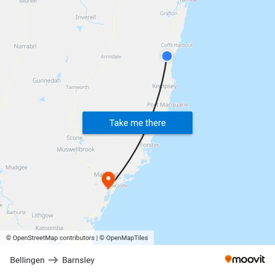 Bellingen to Barnsley map