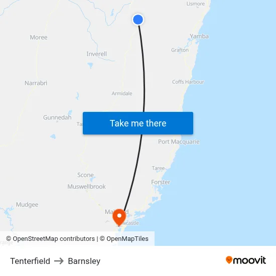 Tenterfield to Barnsley map