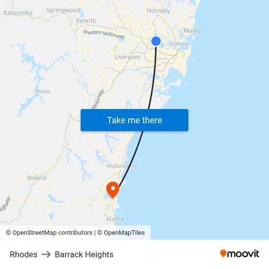Rhodes to Barrack Heights map