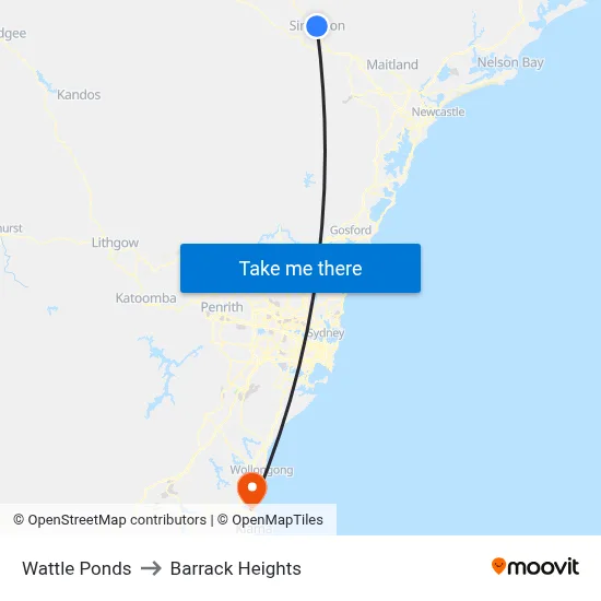 Wattle Ponds to Barrack Heights map