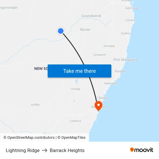Lightning Ridge to Barrack Heights map