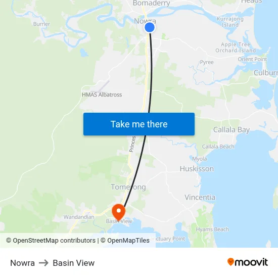 Nowra to Basin View map