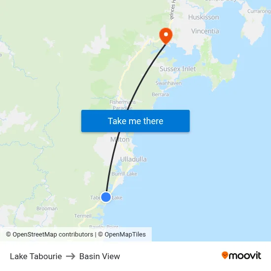 Lake Tabourie to Basin View map