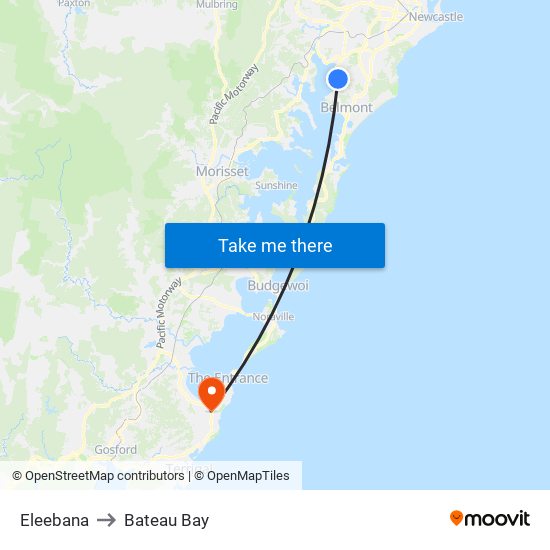 Eleebana to Bateau Bay map