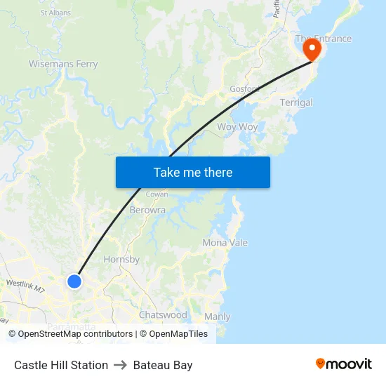 Castle Hill Station to Bateau Bay map